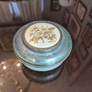 Vintage Glass Powder Jar with Floral Enamel Lid